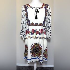 NWT Desigual Linette White Floral Boho Midi Dress Peace Heart Women Size 6